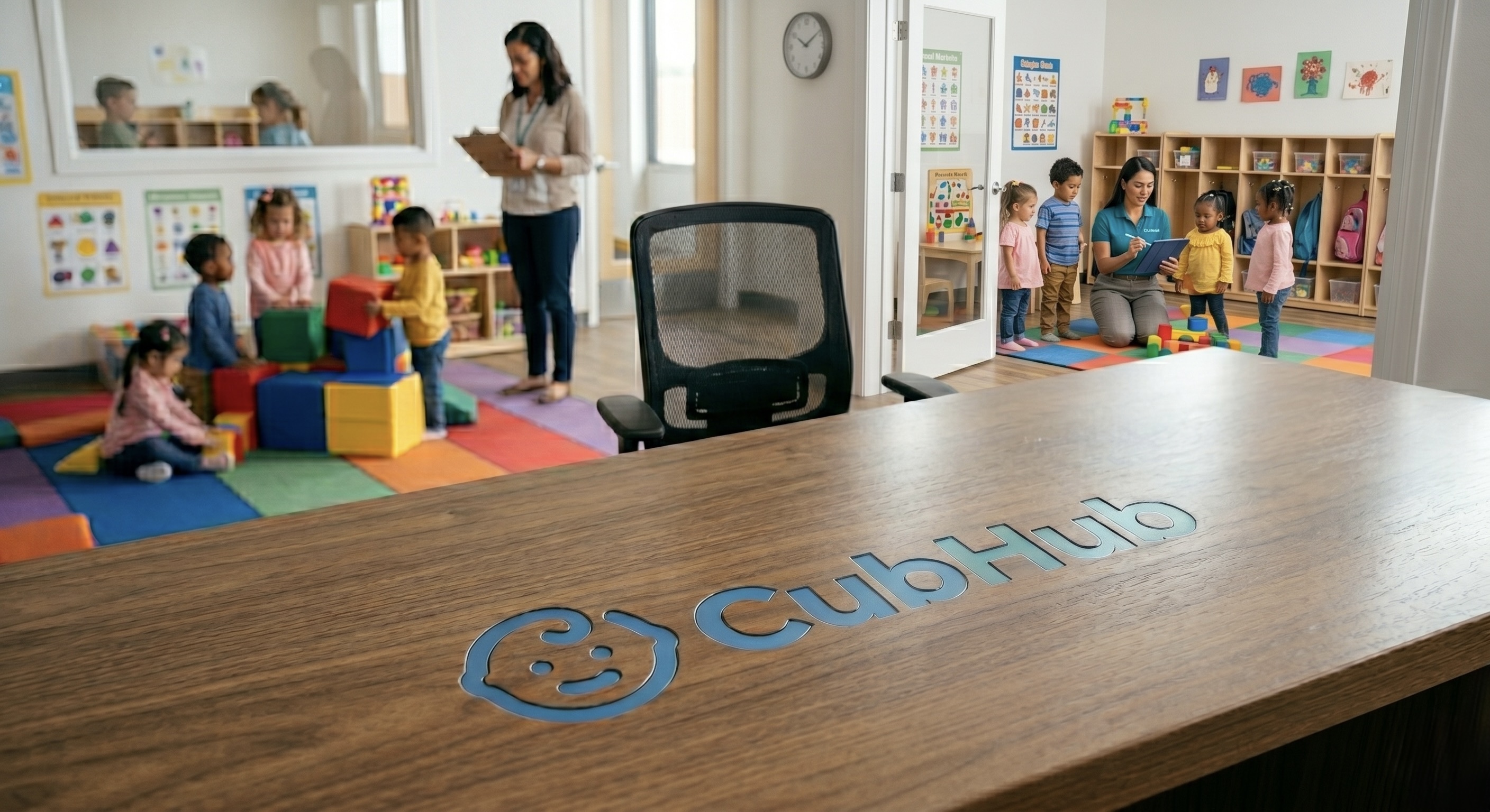 A modern daycare front desk with CubHub branding, teachers engaging with children in a bright classroom